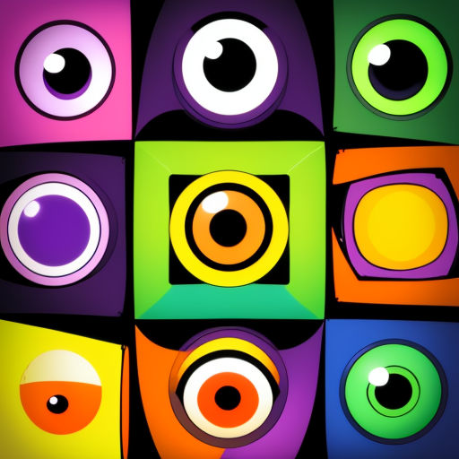 a colorful background with different colored eyes and a square shape with a black background and a black background with a white circle