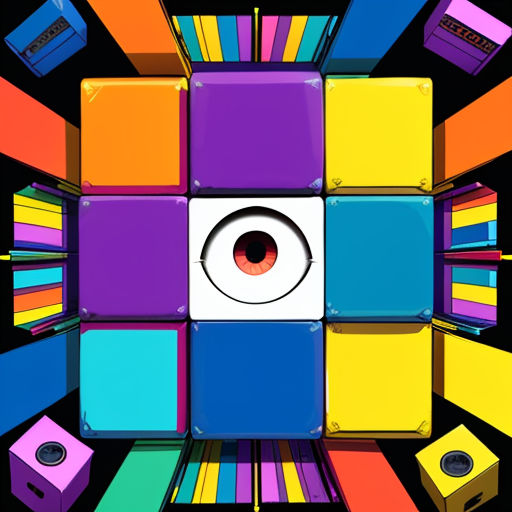 a colorful square with a speaker in the center of it and a speaker in the middle of it, surrounded by colorful blocks