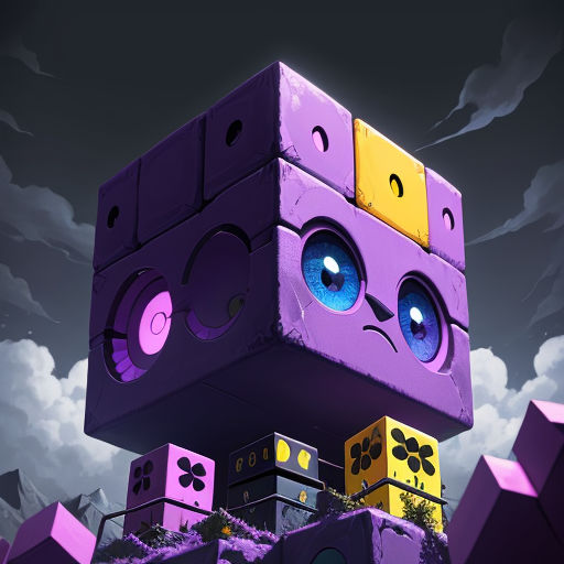 a purple cube with eyes and a face on it sitting on a pile of purple cubes with a cloudy sky in the background