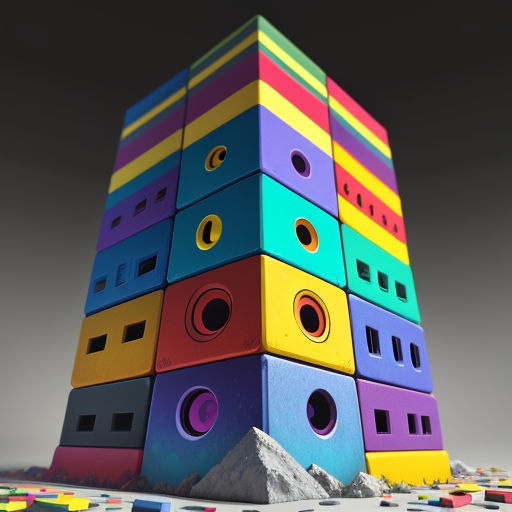 a colorful tower of blocks with a black background behind it and a white background behind it and a gray sky