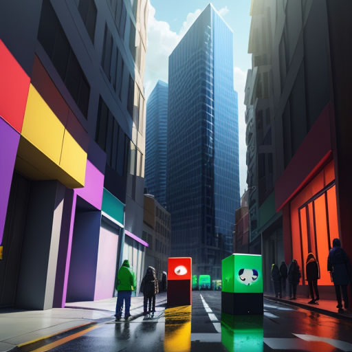 a group of people standing on a street next to tall buildings in a city with a rainbow colored box