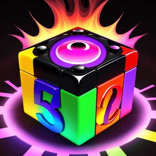 a colorful cube with flames on a black background with a circular design around it and the number five on the front