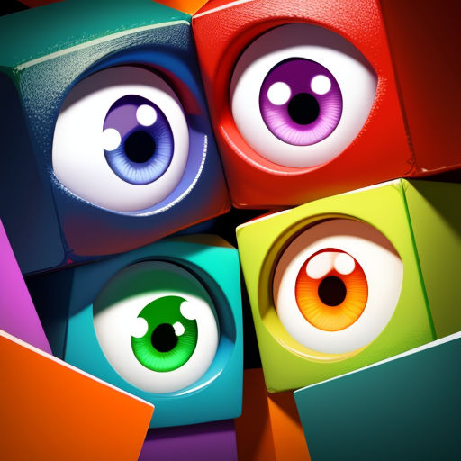 a group of colorful cubes with eyes on them and a red eye on the top of the cube