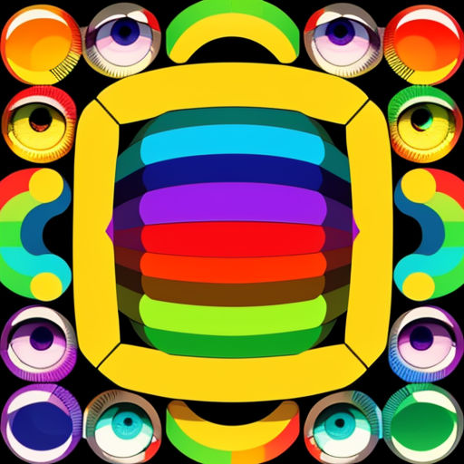 a colorful picture of a bunch of different colored objects in a circle with a black background and a yellow frame