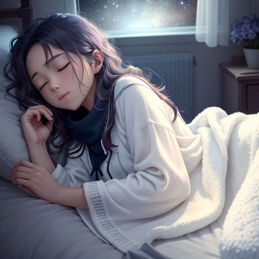 a woman laying in bed with a blanket on her head and a window in the background with stars shining
