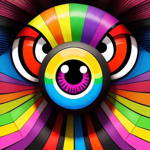 a colorful bear with big eyes and a big smile on its face, with a black background and a rainbow colored background