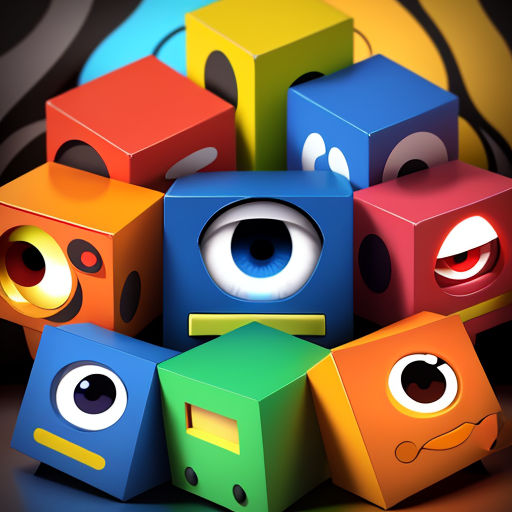 a pile of colorful cubes with eyes and mouths on them, all with different colors and shapes, with a black background
