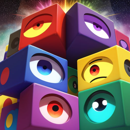 a bunch of colorful cubes with eyes and eyes on them in front of a space background with stars