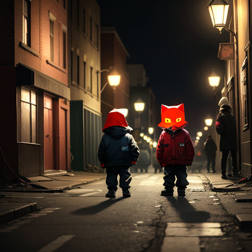 two children walking down a street at night with a cat on their head and a cat on their head