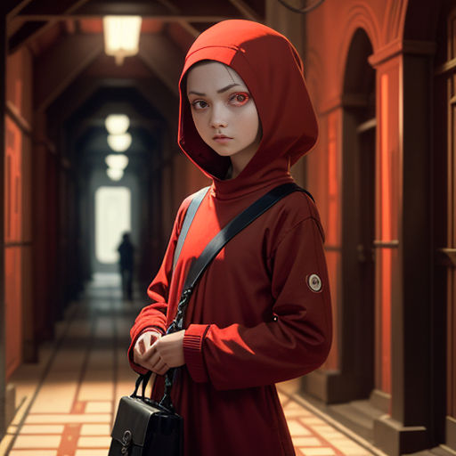 a woman in a red hoodie holding a black purse in a hallway with a red wall and a white and black checkered floor