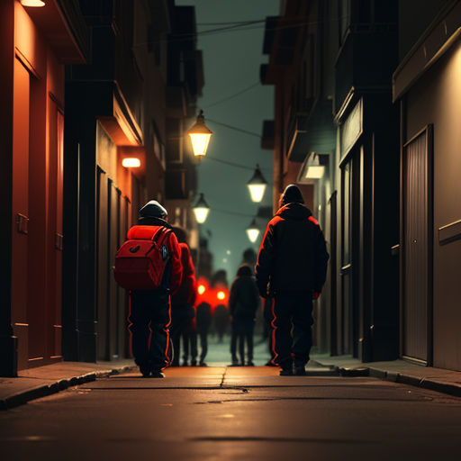two people walking down a street at night with a backpack on their back and a backpack on their shoulder
