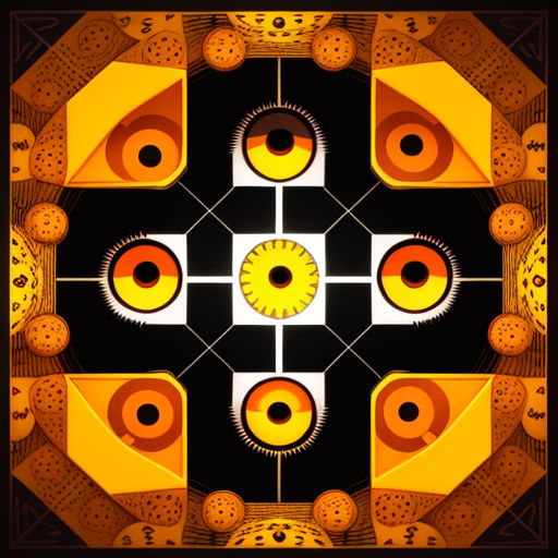 a circular design with orange and yellow circles and a black background with a white center and a black center