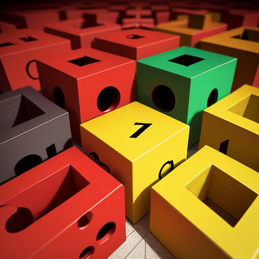a group of colorful boxes sitting on top of a floor next to each other on a floor with numbers on them