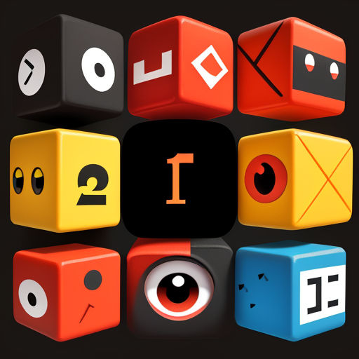 a set of different colored cubes with numbers and symbols on them, all in different colors and shapes