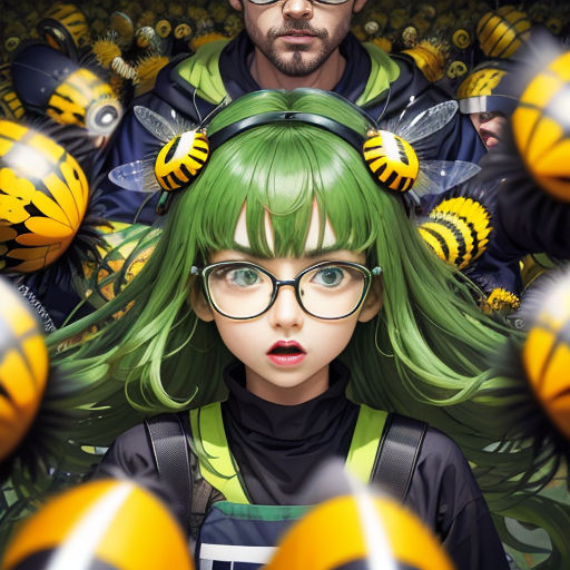a man and a woman with green hair and glasses in front of a bunch of bees on their heads