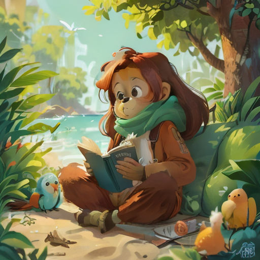 a girl sitting on the ground reading a book in the forest with birds around her and a bird on the ground