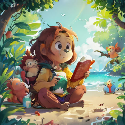 a cartoon character reading a book while surrounded by animals and plants on a beach with a blue sky background