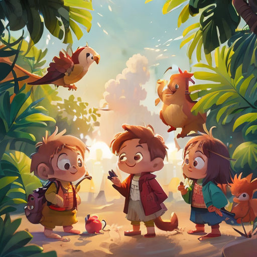 a group of children standing in the jungle with birds flying overhead and a bird flying overhead above them,
