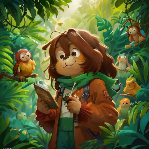 a girl in a jungle with monkeys and a book in her hands, looking at the camera, with a book in her hands
