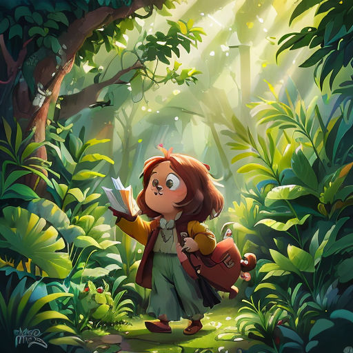 a girl in a forest with a book in her hand and a backpack in her hand, looking at the camera