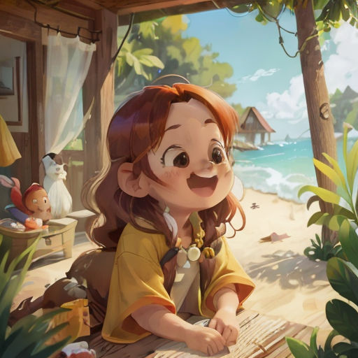 a girl sitting on a wooden bench in front of a beach and trees with a dog on the beach