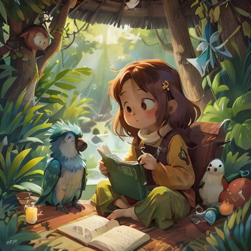a girl sitting on a bench reading a book in a forest with birds around her and a bird on the ground
