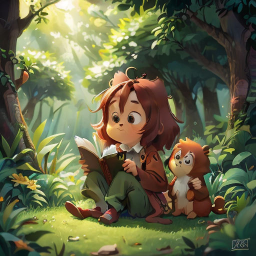 a girl reading a book in the forest with a bear and a squirrel sitting on the ground next to her