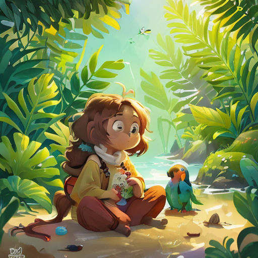 a girl sitting on the ground with a parrot in front of her and a bird on the ground behind her