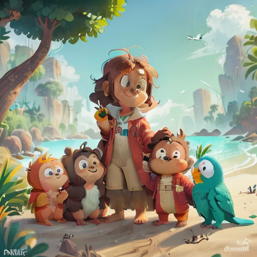 a woman standing next to a group of cartoon animals on a beach near a forest and a body of water