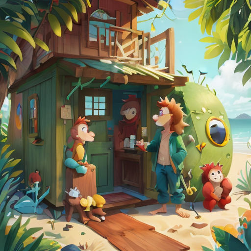 a group of people standing outside of a green house on a beach next to a tree and a body of water