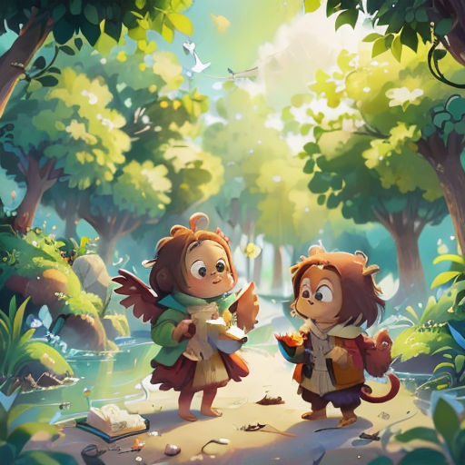 two children in the woods with a book and a bird flying above them, looking at the ground and trees
