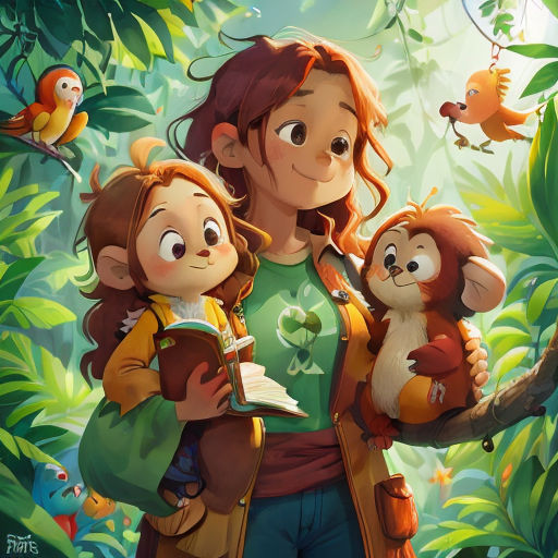 a woman holding a monkey and a book in a jungle with birds flying around her and a monkey on her shoulder