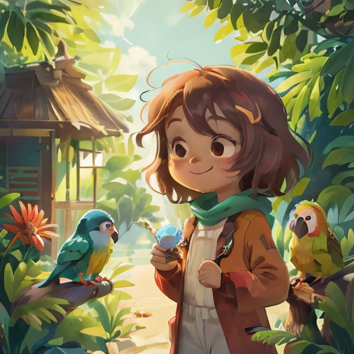 a girl holding a bird in a forest with other birds around her and a birdhouse in the background