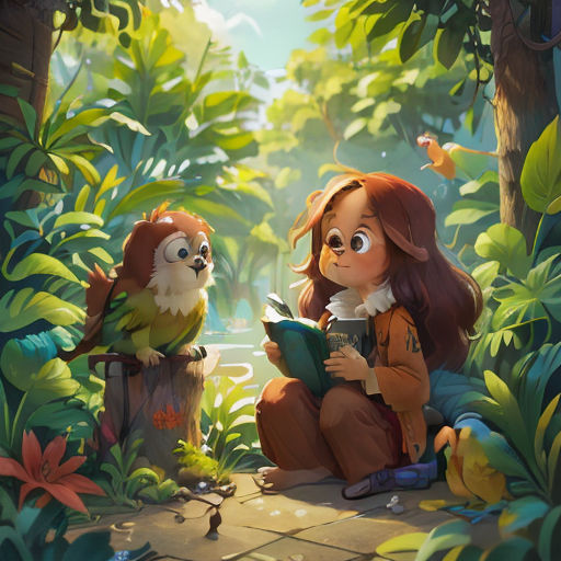 a girl reading a book in the forest with a bird on her lap and another bird sitting on a stump