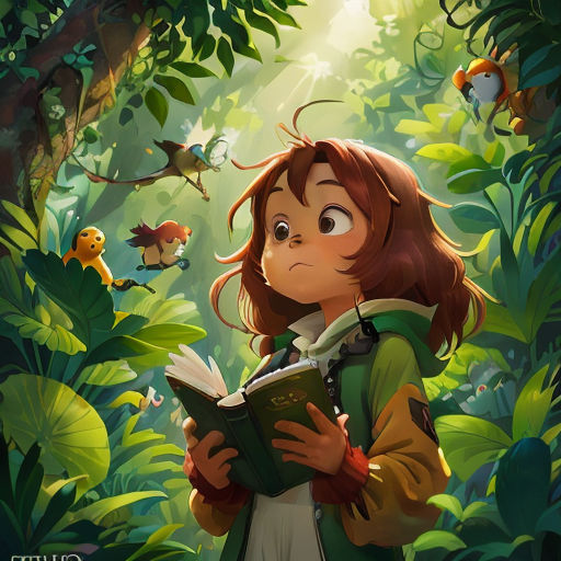 a girl reading a book in the jungle with monkeys and other animals around her, and a forest scene in the background
