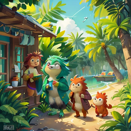 a group of cartoon characters standing in front of a house on a beach with a boat in the background
