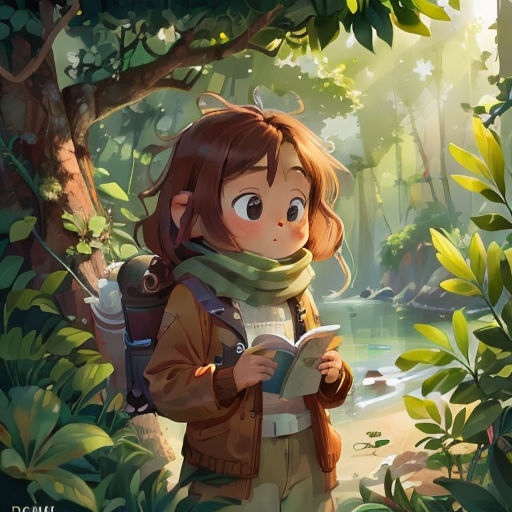 a girl is standing in the woods reading a book and looking at a map in her hand while holding a backpack