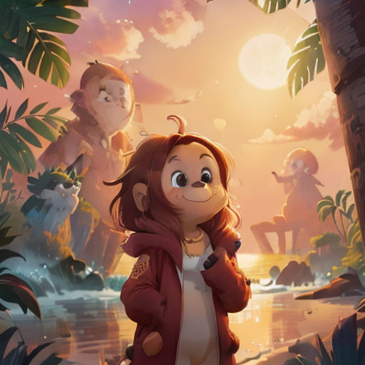 a monkey is standing in the jungle with other animals in the background and a girl is standing in the foreground
