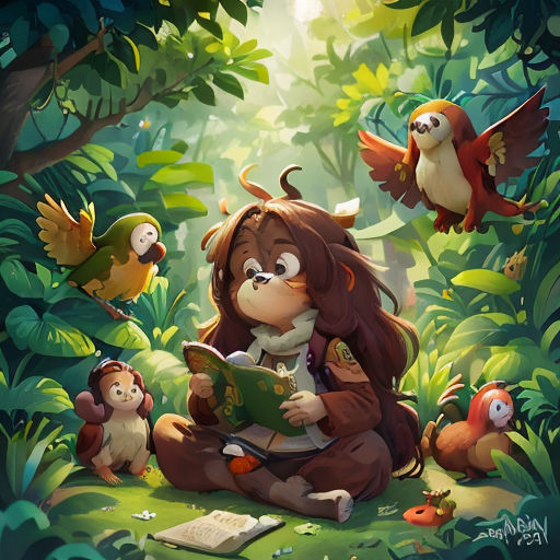 a girl reading a book in the forest surrounded by birds and monkeys, with a monkey reading a book