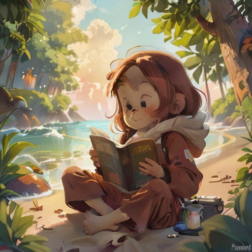 a girl sitting on the ground reading a book in the woods by the water with a dog nearby and a dog looking at the book