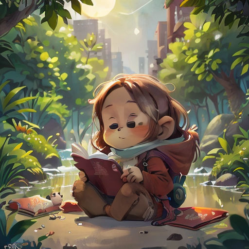 a little girl sitting on the ground reading a book in the woods with a city in the background and a river running through the forest