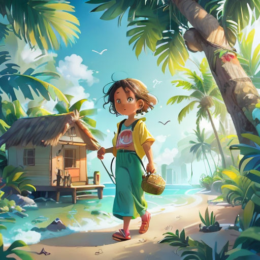 a girl is walking on the beach with a bucket and a hat on her head and a hut in the background