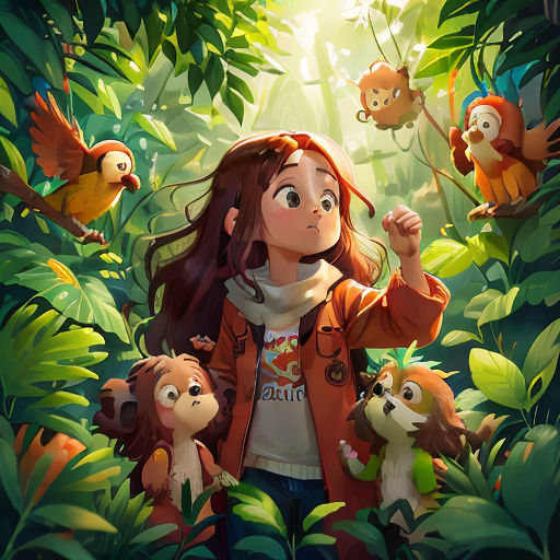 a girl standing in the jungle surrounded by monkeys and monkeys with a bird on her shoulder and a monkey on her shoulder