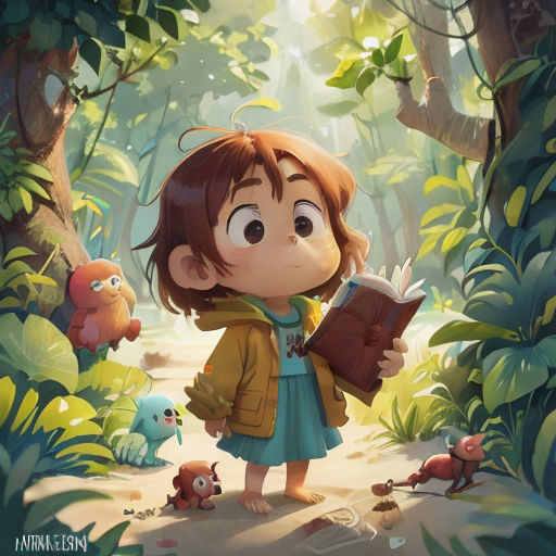 a girl in a forest holding a book and looking at the ground with other animals around her, and a forest background