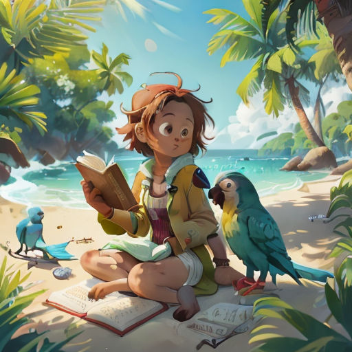 a girl sitting on a beach reading a book with two birds nearby her and a book in her hand