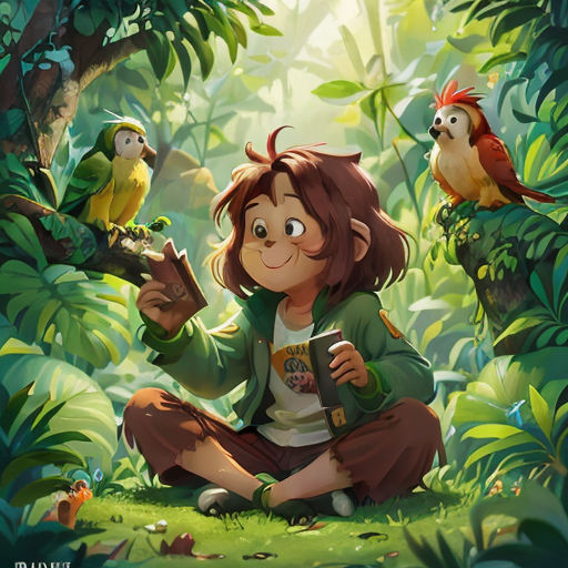 a girl sitting in the middle of a forest with birds on her shoulder and a parrot on her shoulder