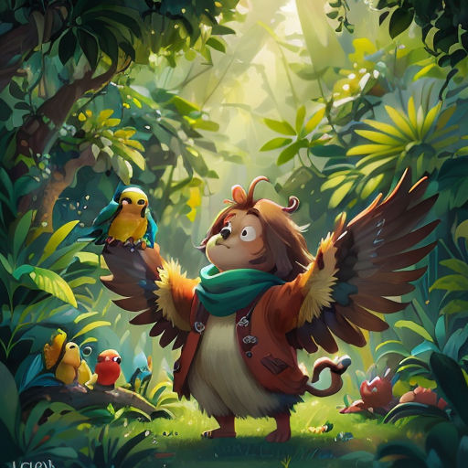a cartoon character holding a bird in a jungle with other birds around him and a bird on his shoulder