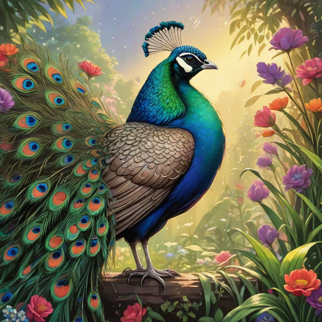 a painting of a peacock standing on a log in a garden with flowers and plants around it, with a blue and green feathers, cloisonnism, a fine art painting, Dan Mumford, highly detailed digital painting