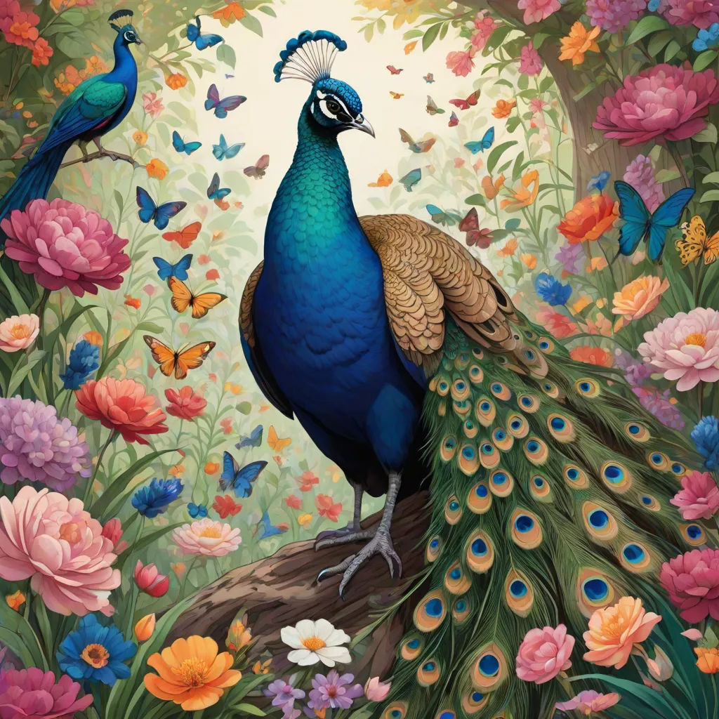 a painting of a peacock with a butterfly in its mouth and a flowery background with butterflies and flowers, psychedelic art, a detailed painting, Chris LaBrooy, highly detailed digital painting