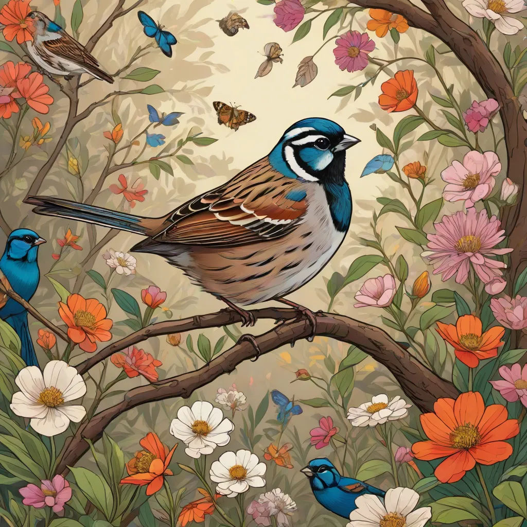 a painting of a bird sitting on a branch with flowers and butterflies around it and a butterfly flying above, naturalism, a detailed painting, Dan Mumford, highly detailed digital painting